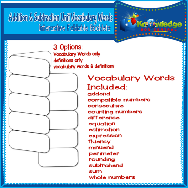 Addition & Subtraction Unit Vocabulary Words Interactive Foldable Booklets