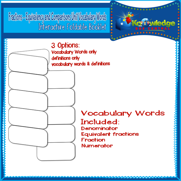 Fractions - Equivalency and Comparisons Unit Vocabulary Interactive Foldables for 3rd Grade